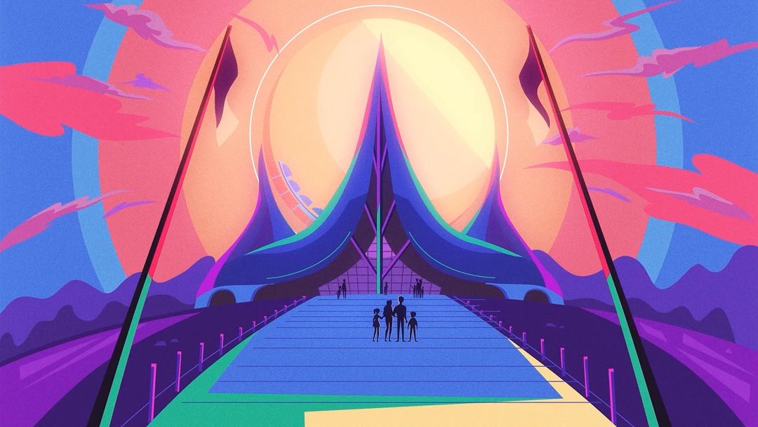 Stylized digital art depicting a family standing before a grand architectural structure under a vibrant sunset, creating a sense of wonder.
