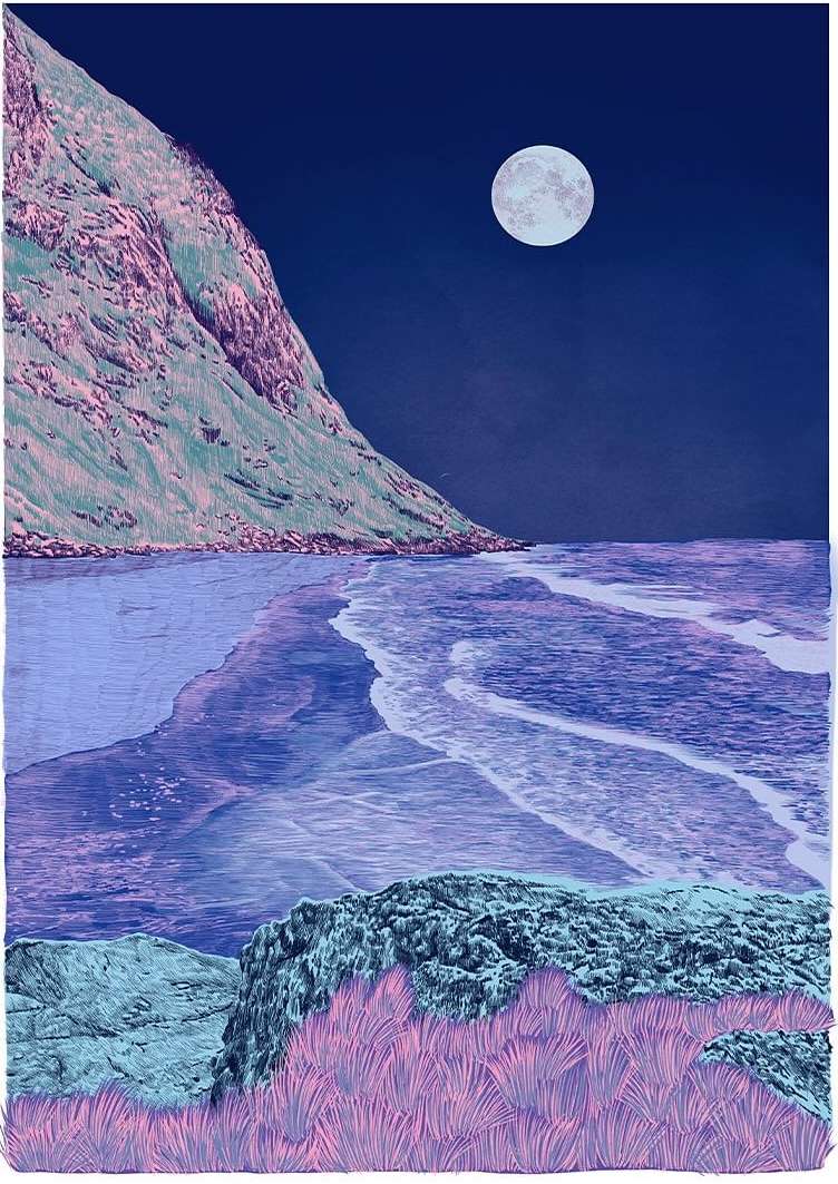 Illustration of a full moon over a blue seascape with a mountain and rocks, rendered in shades of blue, purple, green and pink.
