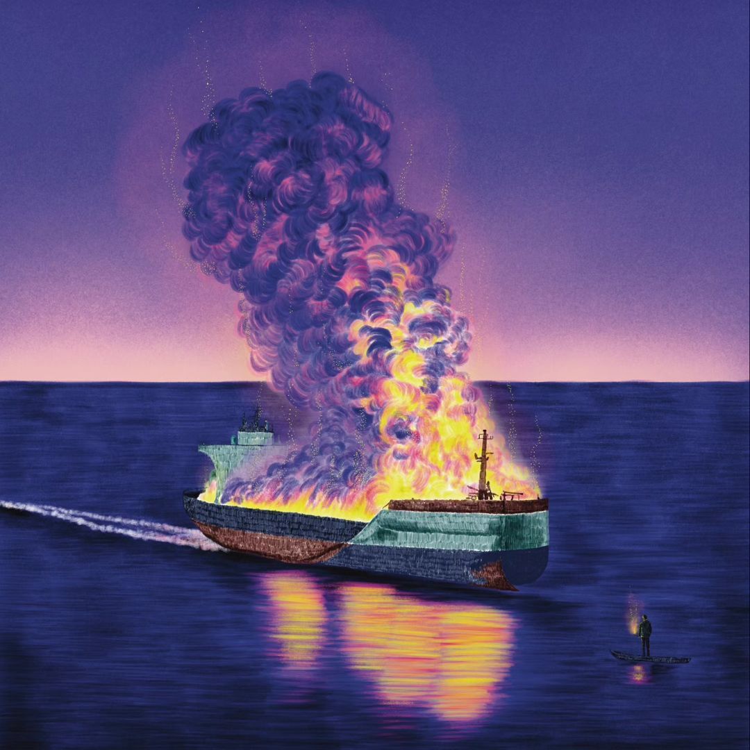 Illustration of a burning cargo ship at sea with a rescue boat nearby against a dusk sky, conveying themes of maritime disaster.