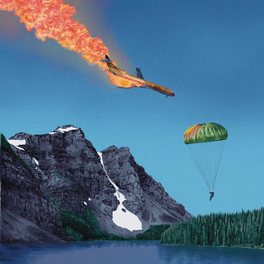 Digital artwork of an airplane engulfed in flames falling from the sky, with a parachute and a mountain range with a lake.