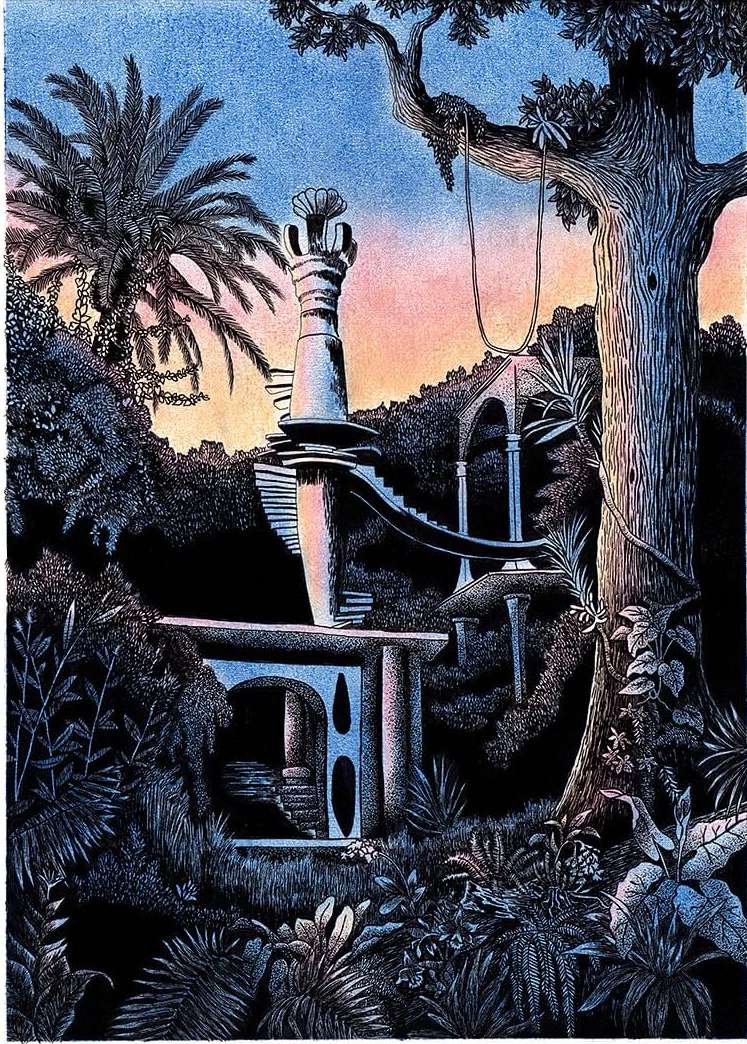 Illustration featuring a surreal, architectural structure resembling a chess piece, set amidst a lush tropical forest at dusk.