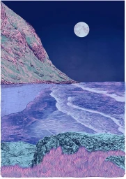 Digital illustration of a moonlit coastal landscape featuring rocky mountains, a calm sea, and purple vegetation under a night sky.