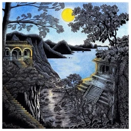 Detailed ink illustration of a coastal landscape with classical stone buildings, rocky cliffs, trees, and a bright yellow sun.