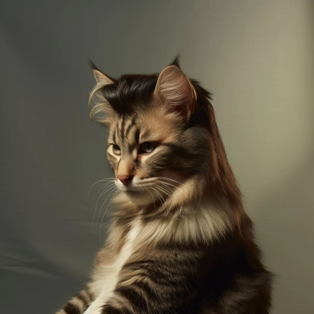 A tabby cat sits indoors with sunlight lighting its fur. The domestic cat has a striking pose against a neutral backdrop.