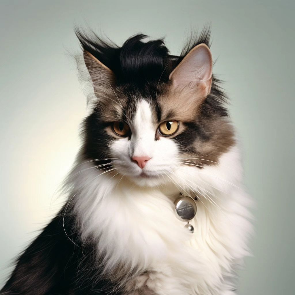 Studio shot of a long-haired cat with a collar, looking at the camera with a neutral expression against a light-colored background.