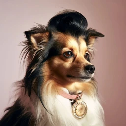 Portrait of a small dog with an elaborate dark pompadour hairstyle wearing a pink collar and a metallic medallion.