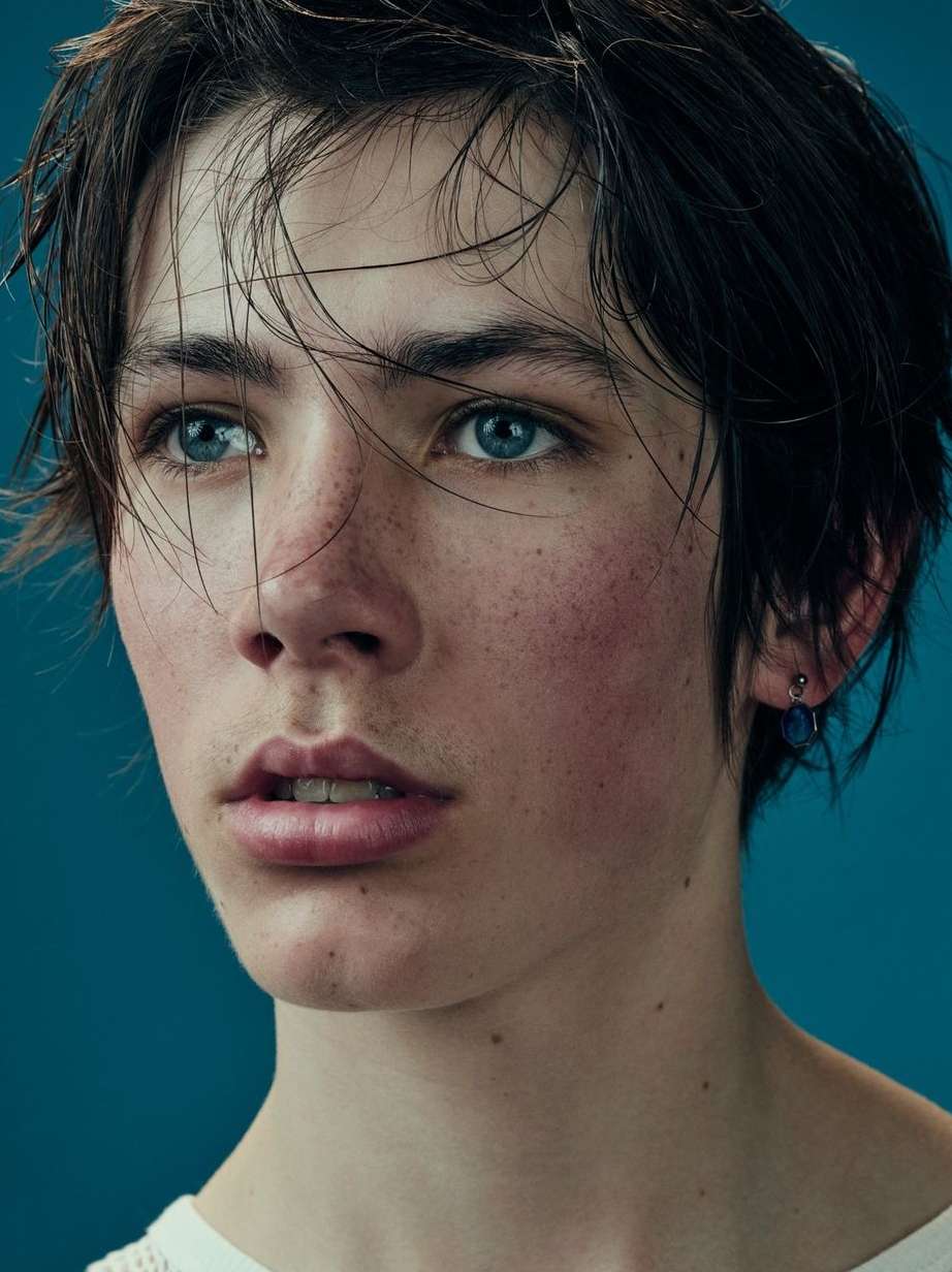 Portrait of a young adult male with blue eyes and freckles, fair skin, short dark hair, and an earring against a blue backdrop.