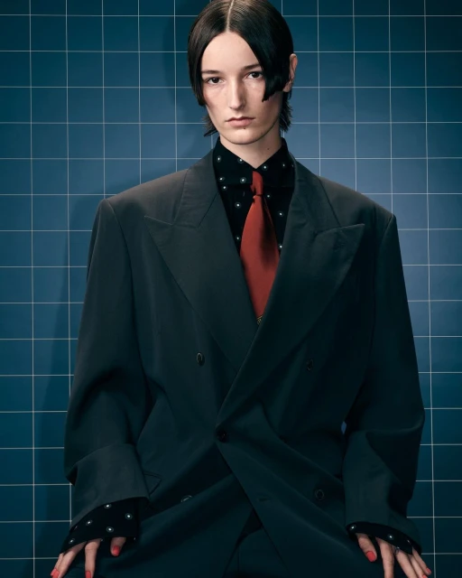 Person wearing a dark oversized suit with a red tie poses against a blue tiled wall in a studio fashion portrait. 