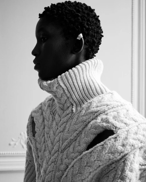 Black and white close-up shot of an African-American woman in profile wearing a thick, patterned knit sweater and a silver ear cuff.