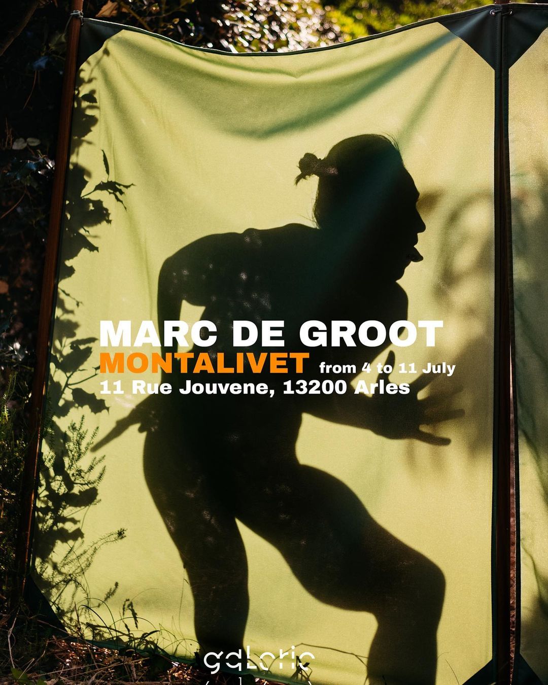 Silhouette of a person projected onto a stretched canvas outdoors, possibly an art installation in a wooded area, with overlaid text.