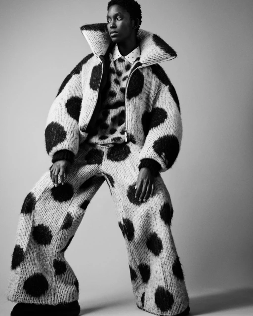 Black female fashion model in oversized polka dot knitwear posing in studio against a neutral backdrop showcasing unique textured design.
