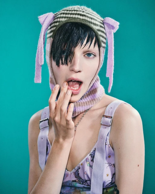 Close-up studio portrait of a young adult female model in a purple dress, wearing a novelty striped knit hat with ties, looking at the camera.