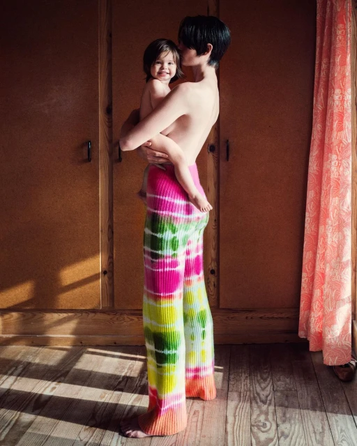 A woman holding a baby in her arms stands indoors near a wooden door and a patterned curtain, posing in tie-dye pants.