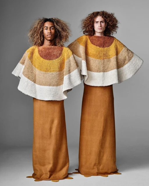 Two adult models showcasing striped textile tops and brown skirts, posed in a studio setting against a plain gray background.
