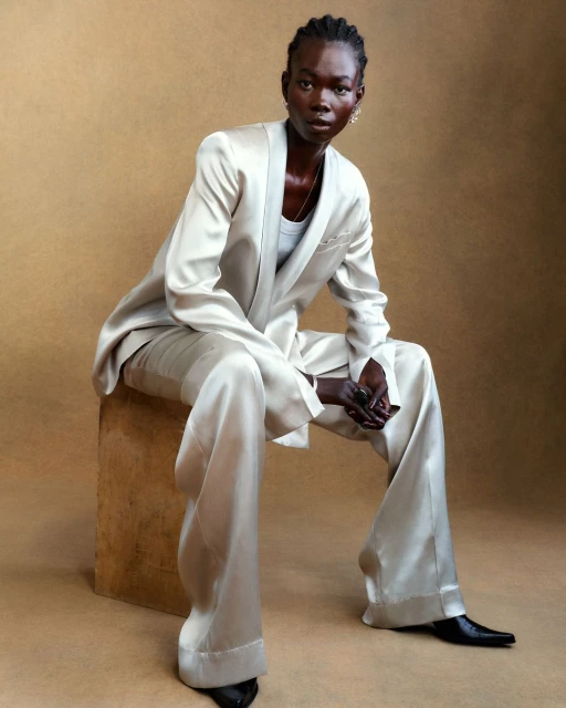 Portrait of a slender Black woman in a satin suit sitting on a wooden cube against a brown background in a fashion editorial style.