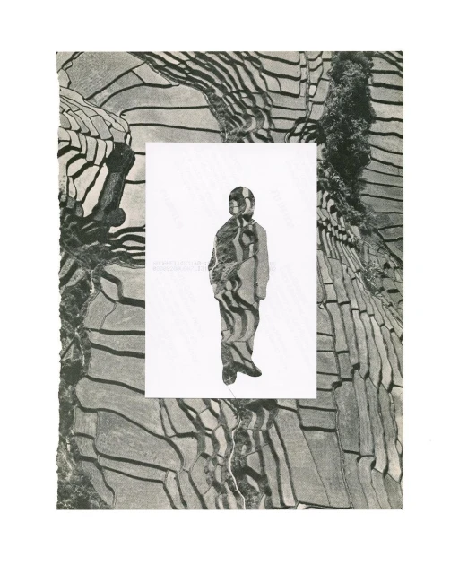 Monochromatic paper collage of a person figure in a suit standing against a rice paddy terrace landscape background.
