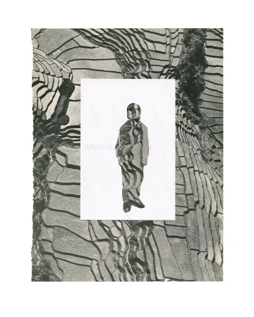 Monochromatic paper collage of a person figure in a suit standing against a rice paddy terrace landscape background.