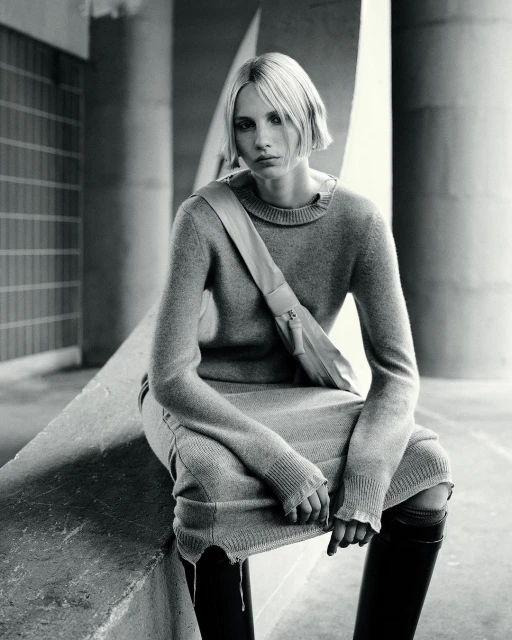 A woman in a gray sweater dress and black boots sits against a concrete background wearing a shoulder bag with a neutral expression.