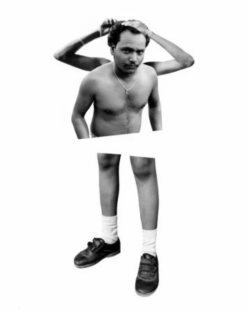 Black and white photographic collage of a south asian man with multiple arms against a white background