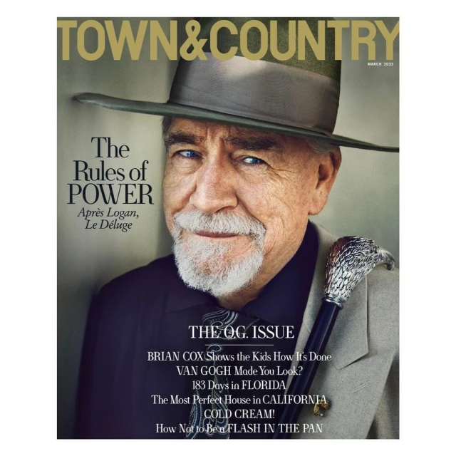 Brian Cox on the cover of Town & Country magazine, March 2023 issue, wearing a hat and suit jacket, with an eagle-handled cane.