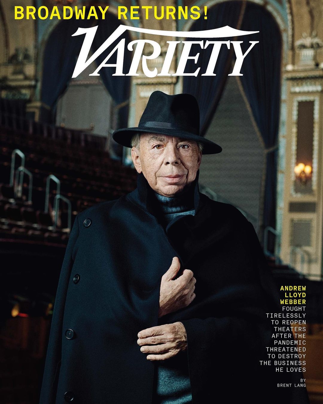Variety magazine cover featuring Andrew Lloyd Webber in a dark coat and hat, set against a theatre interior, with Broadway's return.
