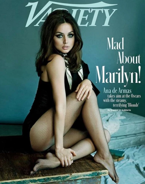 Magazine cover featuring Ana de Armas in a black outfit and fishnet stockings, promoting 'Blonde,' with the 'Variety' logo at the top.