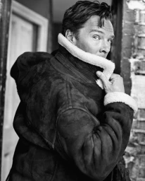 Portrait of Benedict Cumberbatch in a heavy shearling-lined coat looking over his shoulder, photographed in black and white by Marc Hom in London.