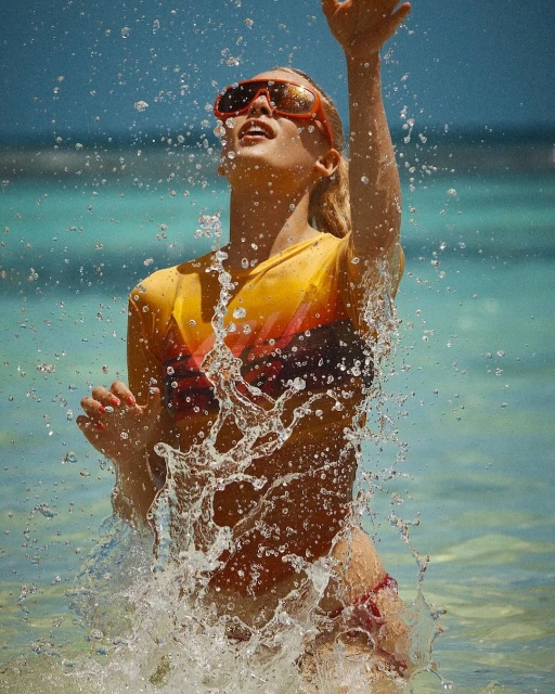 An adult female splashes in the turquoise ocean water wearing sunglasses and a bathing suit with a yellow top during daylight.