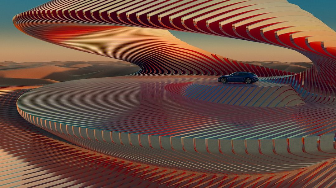 Blue sport utility vehicle driving across reddish-brown stepped structure in desert landscape beneath orange sunset sky. CGI render.