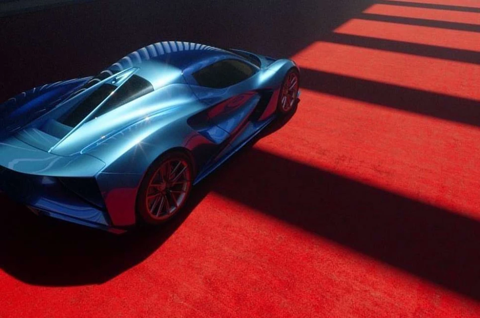 Sleek blue sportscar showcased on a red surface with geometric shadow patterns, creating a visually striking automotive image.