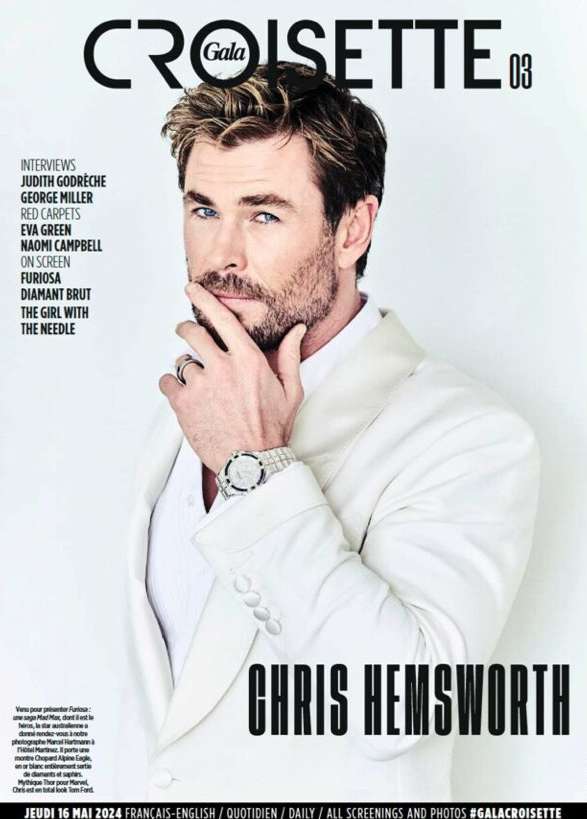 Chris Hemsworth on magazine cover, wearing a white suit and watch. Gala Croisette is displayed on the cover, along with various text.