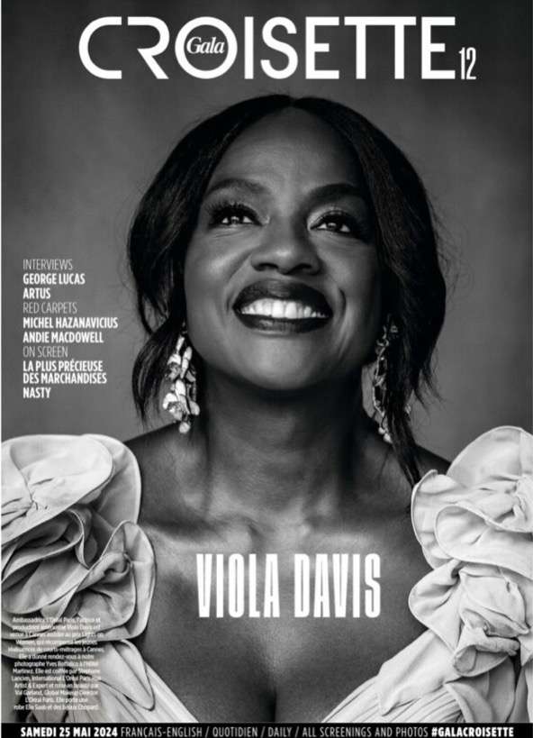 Black and white magazine cover featuring Viola Davis smiling and looking up, text reads Croisette, Viola Davis, and interview mentions.