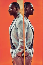 Portrait of a Black man in a grey suit reflected in a mirror against an orange background by Marcel Hartmann