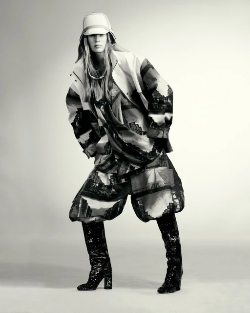 Woman poses in a fashion shot wearing a patterned jacket and shorts with shiny black boots against a neutral backdrop in a studio setting.
