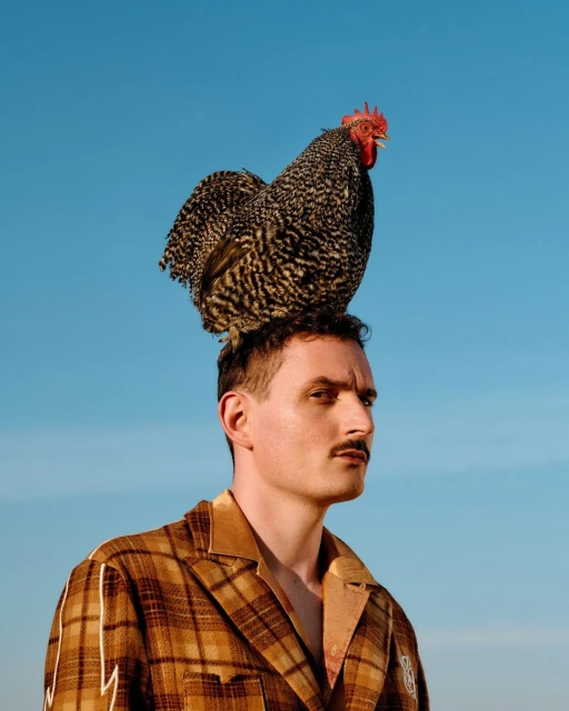 A man with a mustache wearing a brown plaid jacket stands outside with a black and white rooster perched on his head against a blue sky.