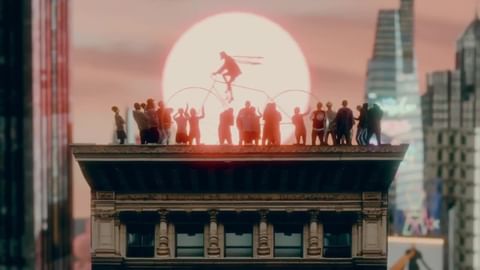 A group of people gathered on a building rooftop silhouetted against a sun or moon in a city, creating a dramatic visual.