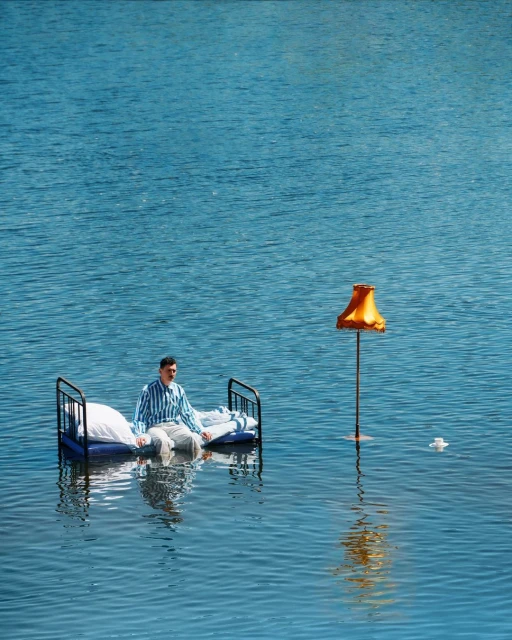 Conceptual image of a man in pajamas sitting on a bed floating on water next to a lamp. Sunny day. Blue color palette. 