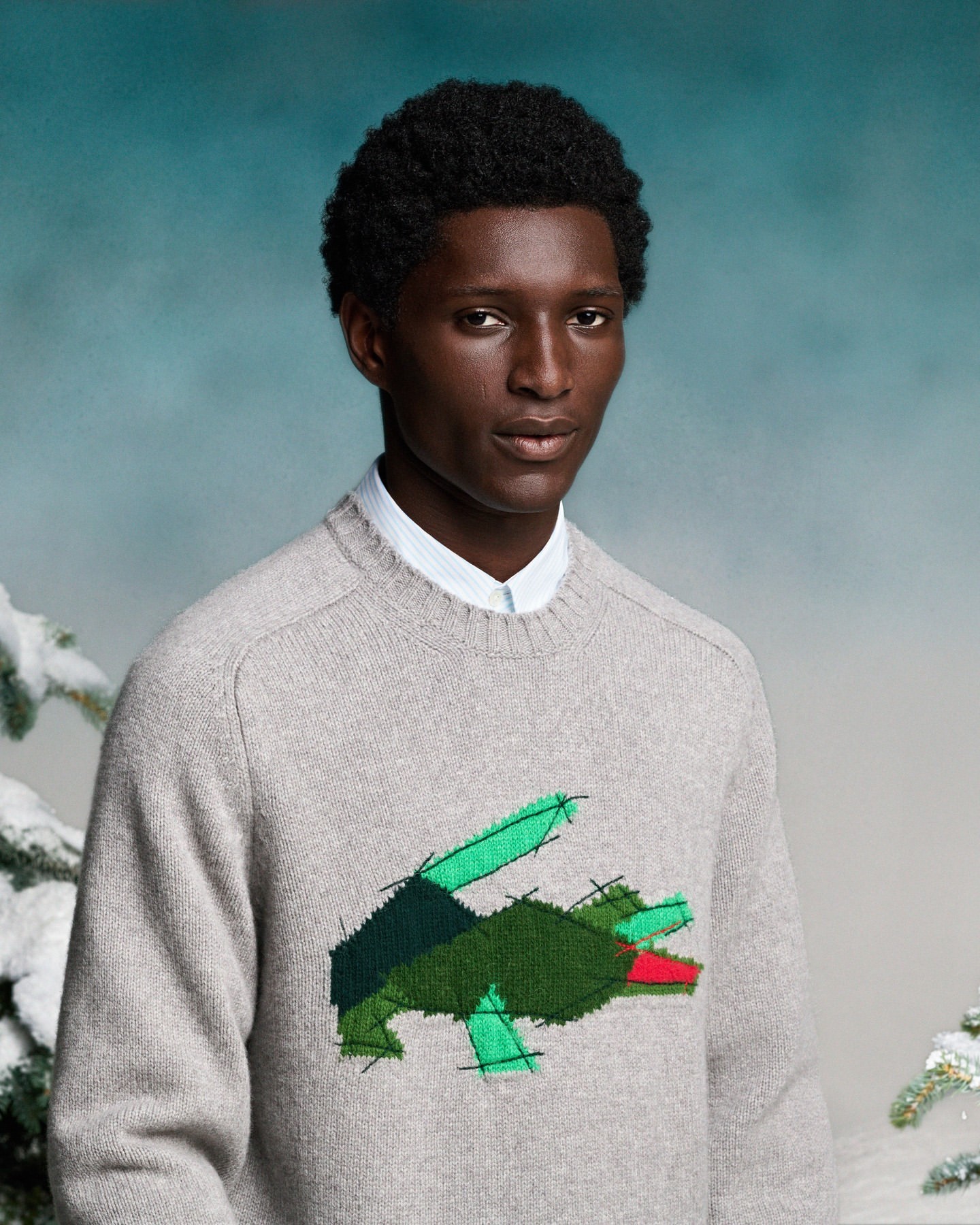Adult male model wearing a light grey knit sweater with a green and red crocodile logo patch, posing indoors against a blurred blue and white background.