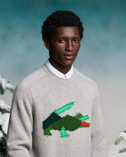 Adult male model wearing a light grey knit sweater with a green and red crocodile logo patch, posing indoors against a blurred blue and white background.