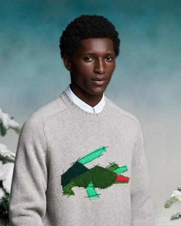 Adult male model wearing a light grey knit sweater with a green and red crocodile logo patch, posing indoors against a blurred blue and white background.