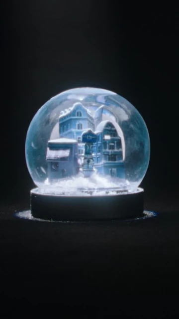 Snow globe featuring miniature buildings with snow on top, set against a dark background, creating a winter scene.