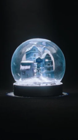 Snow globe featuring miniature buildings with snow on top, set against a dark background, creating a winter scene.