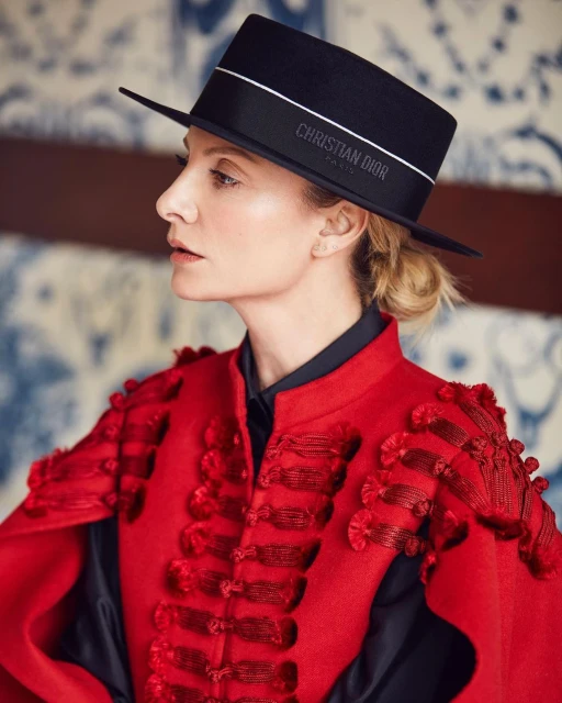 Woman with a neutral expression in a red jacket and black hat with Christian Dior Paris text, posed in front of a blue floral backdrop.