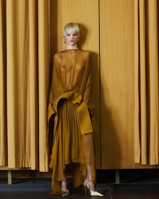 A model poses in a flowing, mustard-colored dress with long sleeves and metallic heels against a gold backdrop in a studio setting.