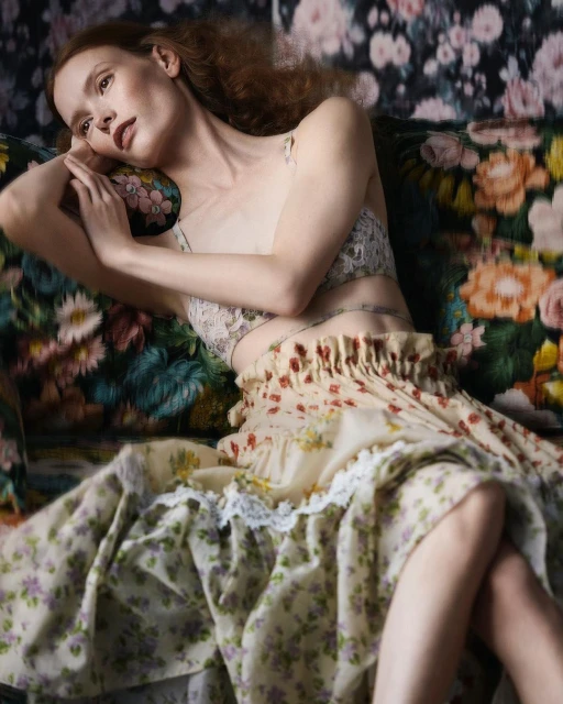 Woman in floral skirt and lace crop top reclines on flower-patterned couch. Floral background, soft lighting, studio setting, fashion photography.