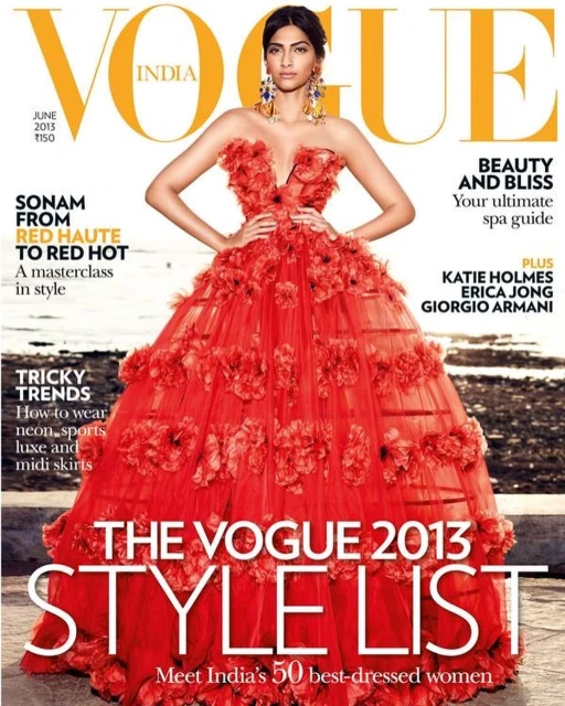 Vogue India cover featuring Sonam Kapoor in a red floral gown. The cover includes magazine text, June 2013 issue. Fashion editorial.