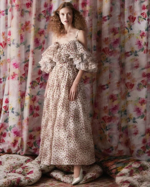 A fashionable woman stands in a full-length pose, wearing an off-the-shoulder ruffled dress with floral-patterned fabric in an indoor setting.