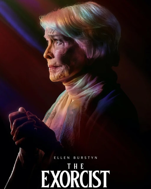 Promotional movie poster featuring Ellen Burstyn for The Exorcist, bathed in colorful lighting, set against a dark backdrop.