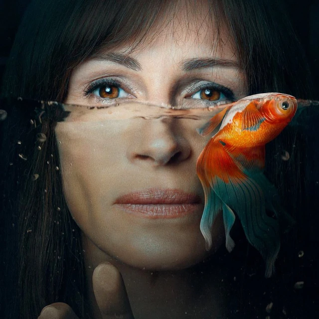 Close-up of a woman's face partially submerged in water, with a goldfish swimming beside her face in an artistic studio portrait.