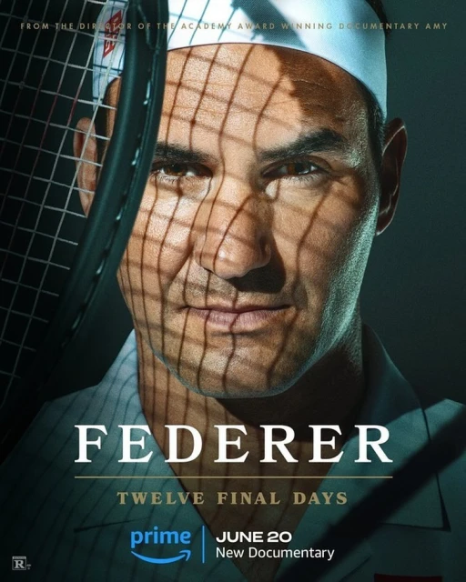 Close-up of Roger Federer's face partially obscured by a tennis racket, promoting his documentary 'Twelve Final Days'.